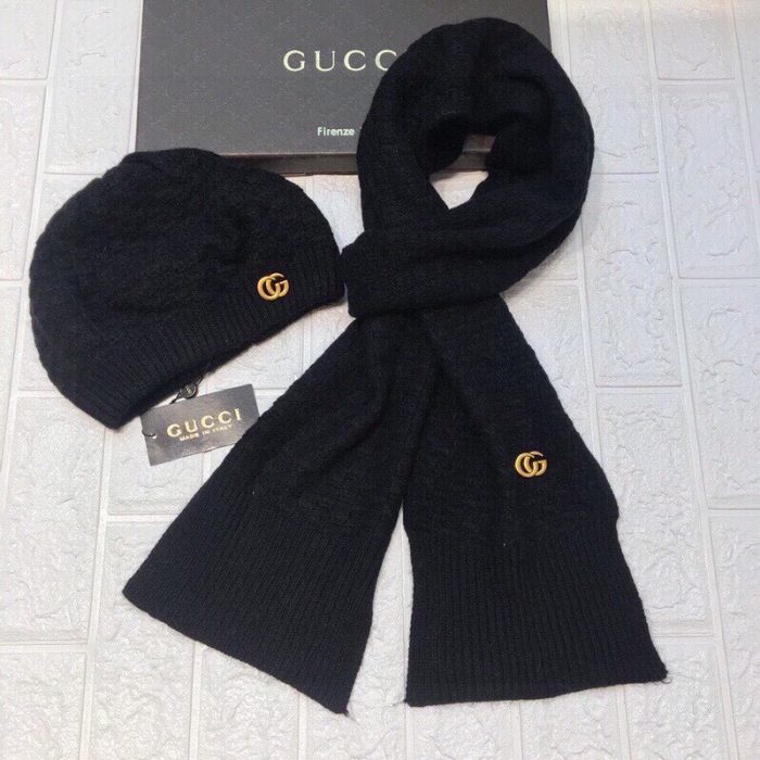 Gucci 毛线帽黑色围巾套装