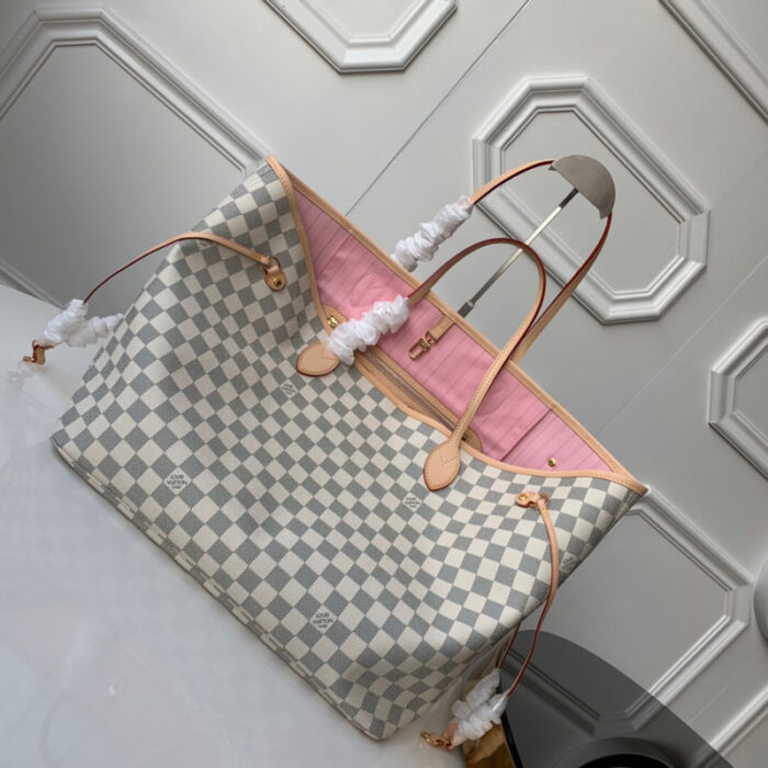 高仿LV Neverfull 大号手袋 DaAzur 白格帆布女包 LV购物袋