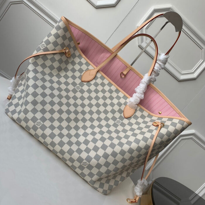 高仿LV Neverfull 大号手袋 DaAzur 白格帆布女包 LV购物袋