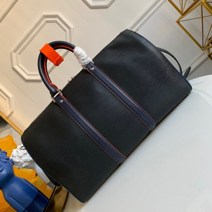 高仿LV Keepall 50旅行袋 Epi皮革配DaGraphite帆布 黑色