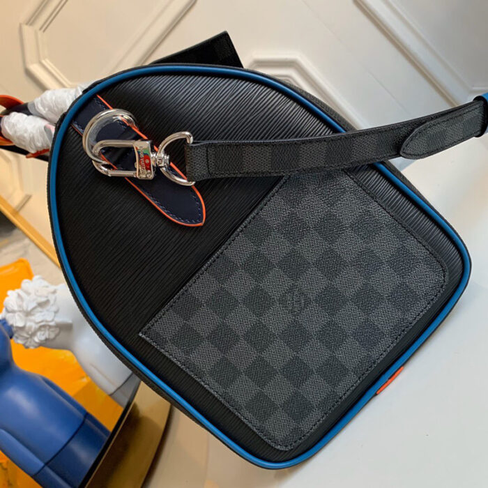 高仿LV Keepall 50旅行袋 Epi皮革配DaGraphite帆布 黑色