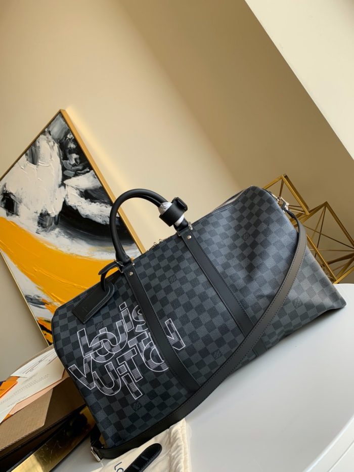 高仿LV Keepall 50 旅行袋 DaGraphite 帆布旅行袋 灰色印花