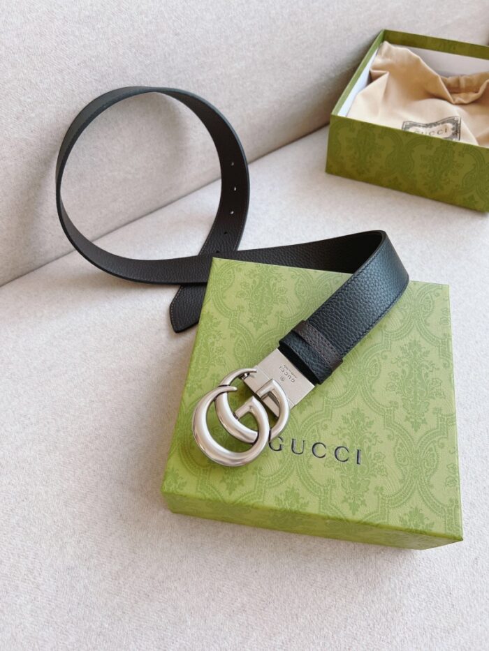 高仿GUCCI 双G带扣双面腰带 GG 银扣