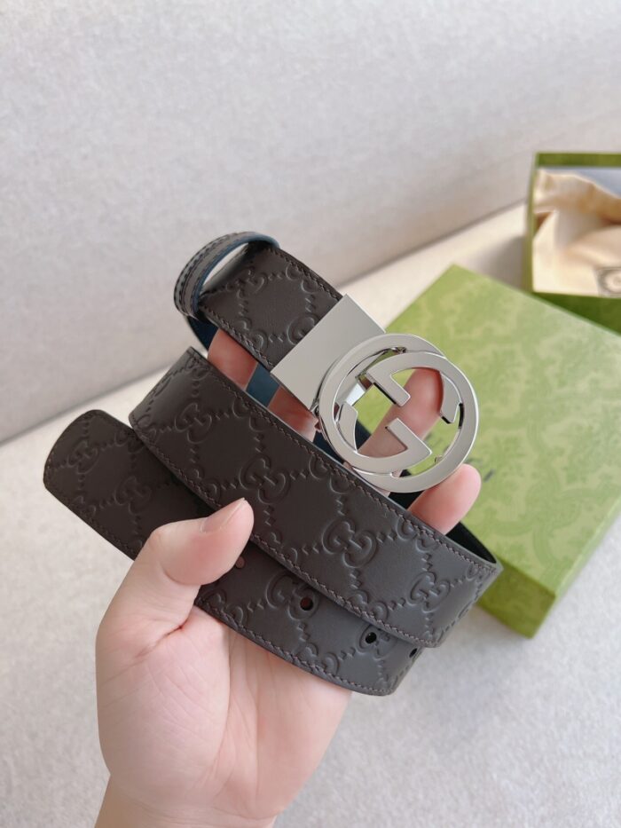 高仿GUCCI互扣式双G带扣 Signature皮革男士腰带 蓝色