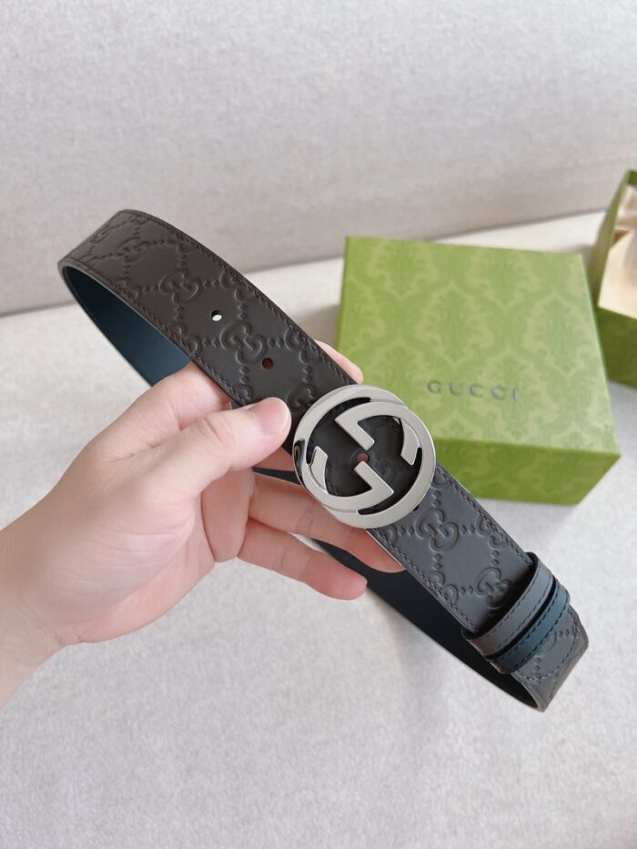高仿GUCCI互扣式双G带扣 Signature皮革男士腰带 蓝色