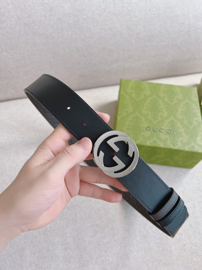 高仿GUCCI互扣式双G带扣 Signature皮革男士腰带 蓝色