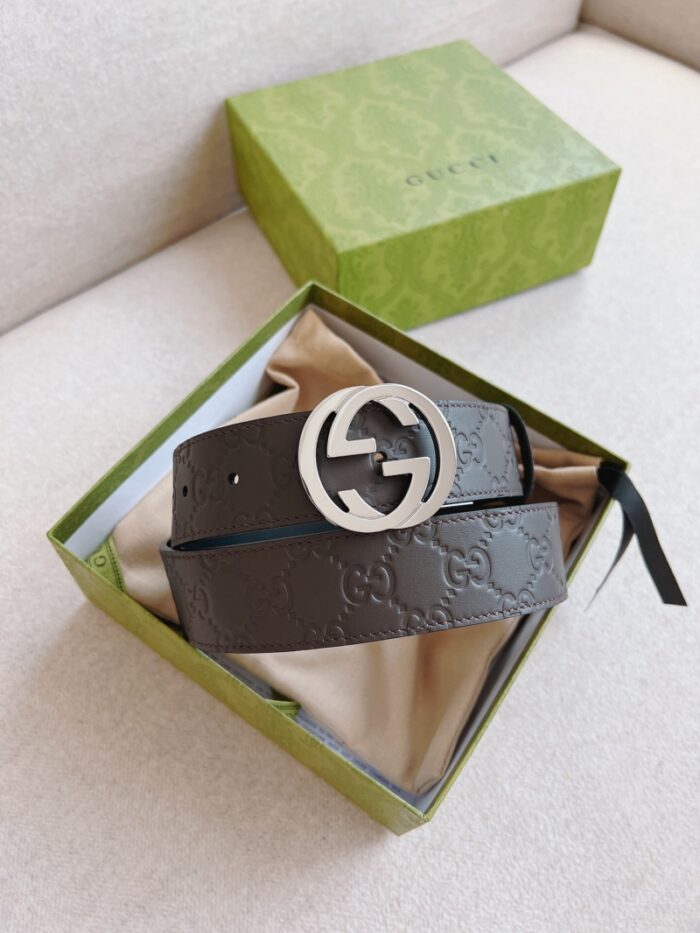 高仿GUCCI互扣式双G带扣 Signature皮革男士腰带 蓝色