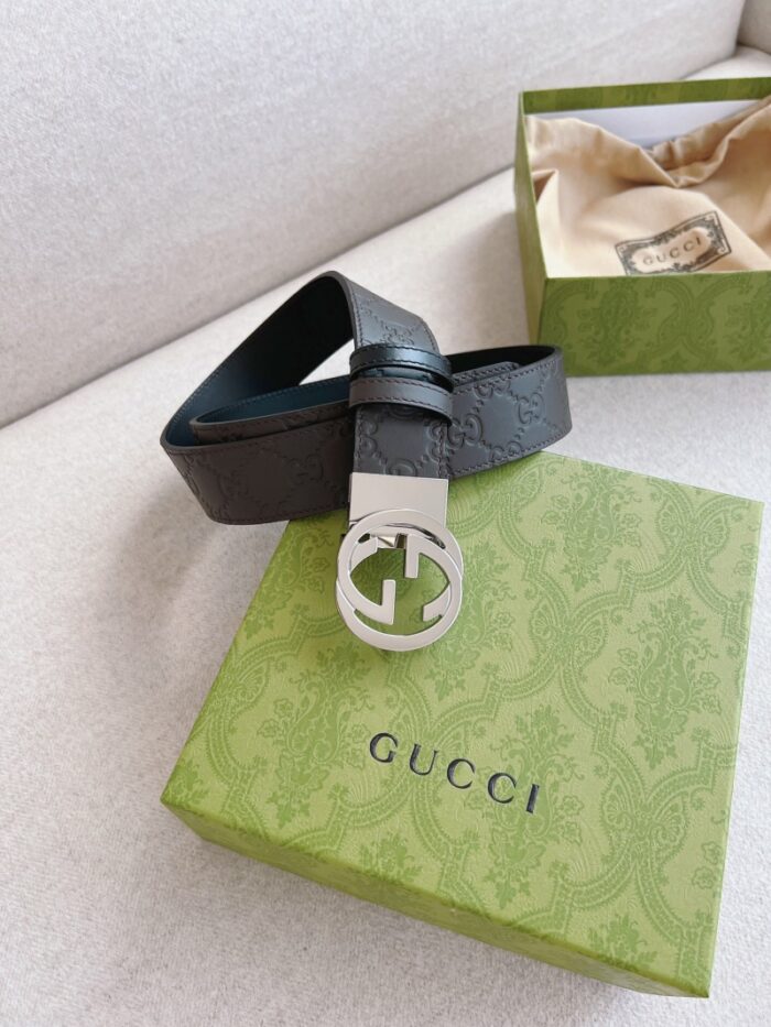 高仿GUCCI互扣式双G带扣 Signature皮革男士腰带 蓝色