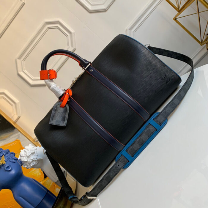 高仿LV Keepall 50旅行袋 Epi皮革配DaGraphite帆布 黑色