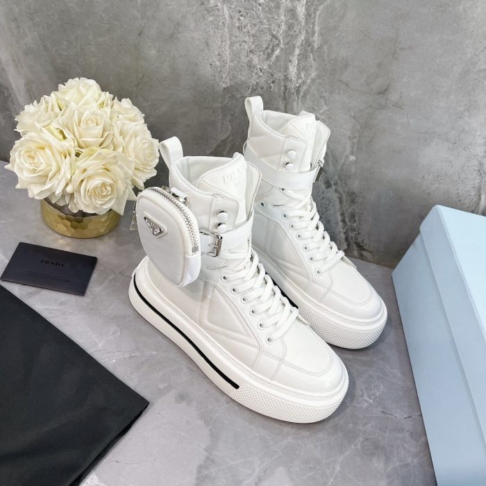 Prada 女式 Macro 再生尼龙拉丝高帮运动鞋白色 1.8 英寸/45 毫米 PRD