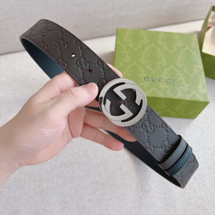 高仿GUCCI互扣式双G带扣 Signature皮革男士腰带 蓝色