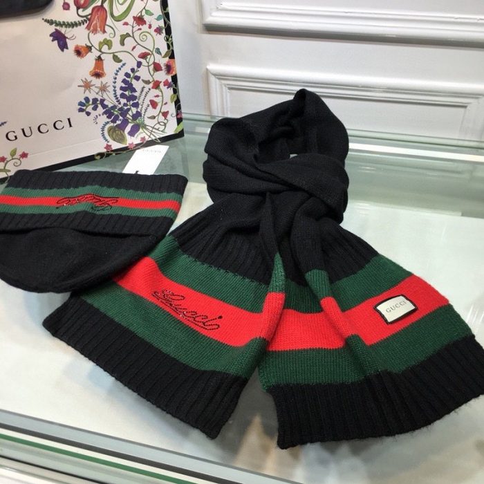 Gucci 毛线帽黑色围巾套装