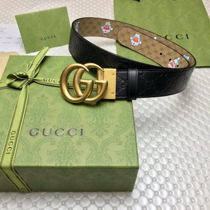 Gucci 签名双 G 扣 Doreamon 黑色女士腰带，女士腰带
