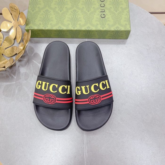 Gucci 女式徽标橡胶拖鞋黑红黄女式 522887