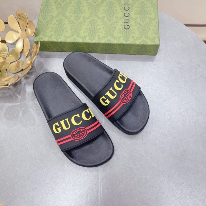 Gucci 女式徽标橡胶拖鞋黑红黄女式 522887