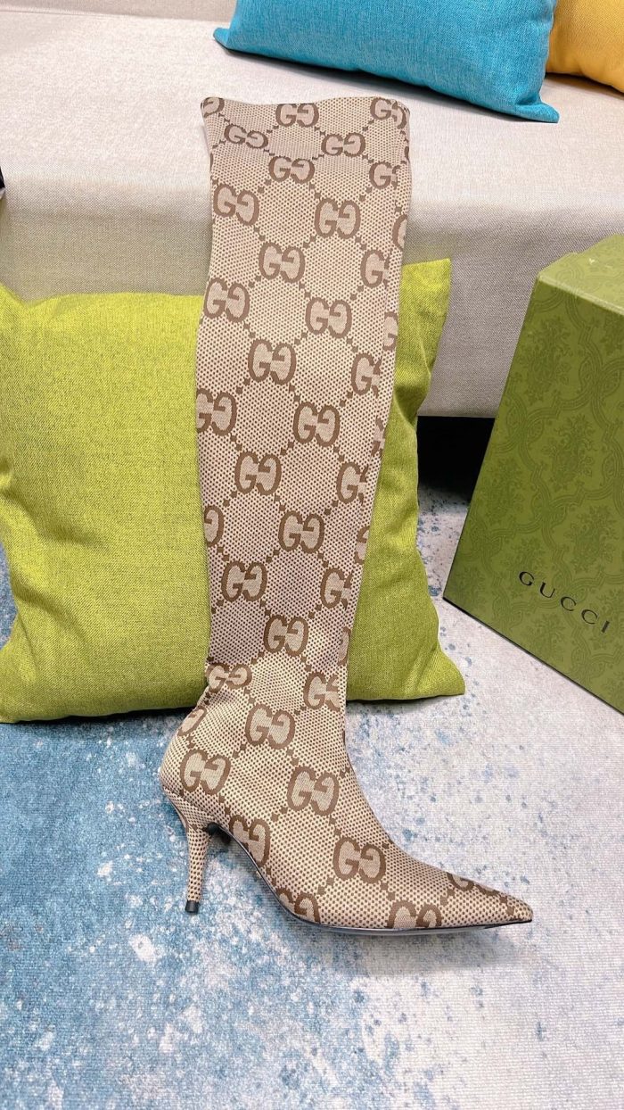 Gucci 女式中跟 Lisa Monogram 帆布靴 米色 女士 GG