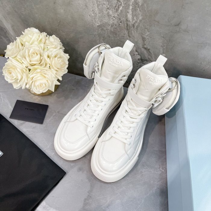 Prada 女式 Macro 再生尼龙拉丝高帮运动鞋白色 1.8 英寸/45 毫米 PRD
