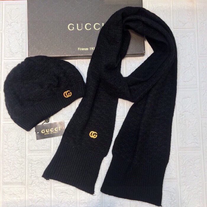 Gucci 毛线帽黑色围巾套装