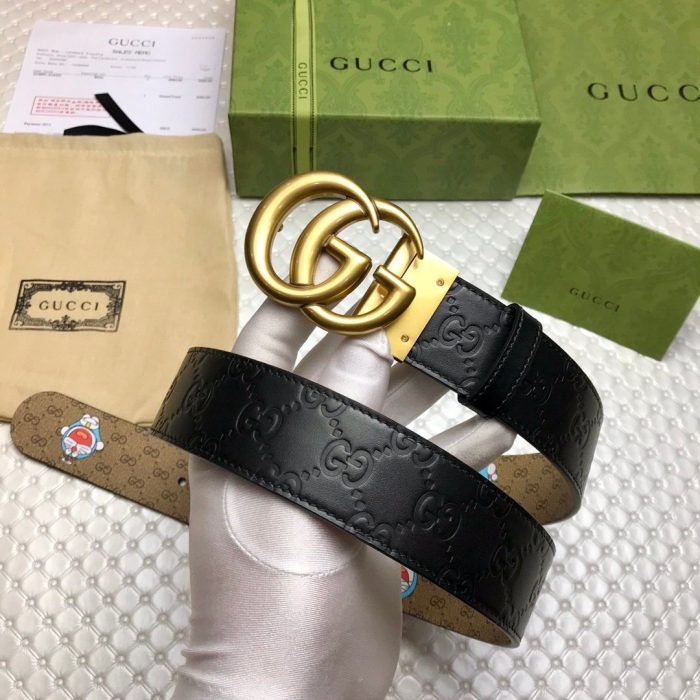 Gucci 签名双 G 扣 Doreamon 黑色女士腰带，女士腰带