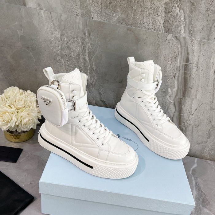 Prada 女式 Macro 再生尼龙拉丝高帮运动鞋白色 1.8 英寸/45 毫米 PRD