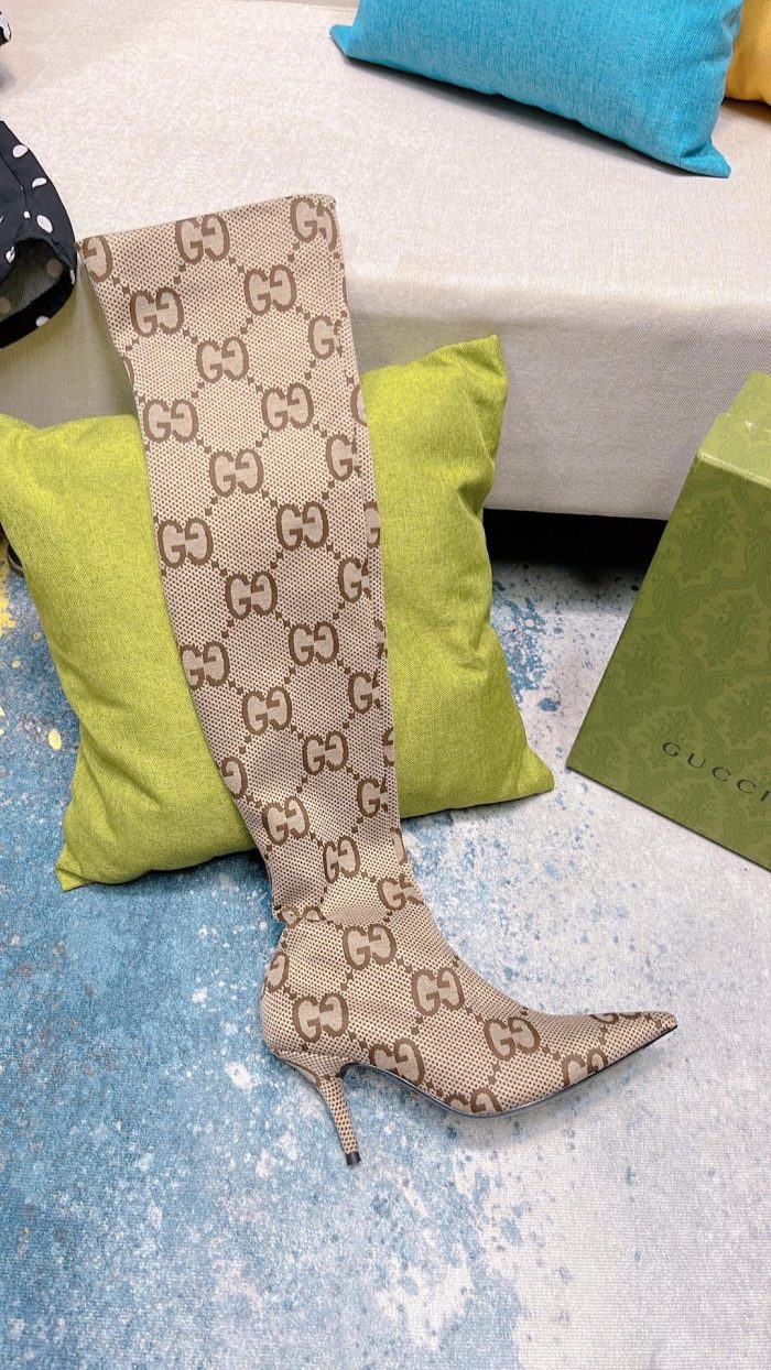 Gucci 女式中跟 Lisa Monogram 帆布靴 米色 女士 GG