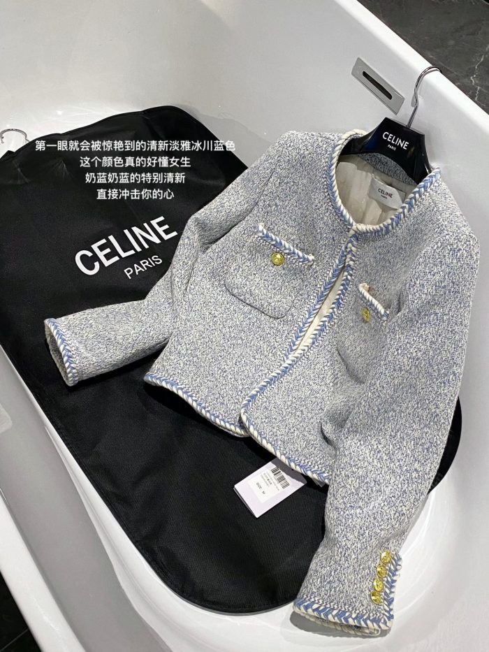 Celine 女式花呢纽扣口袋 O 领梭织夹克 蓝色