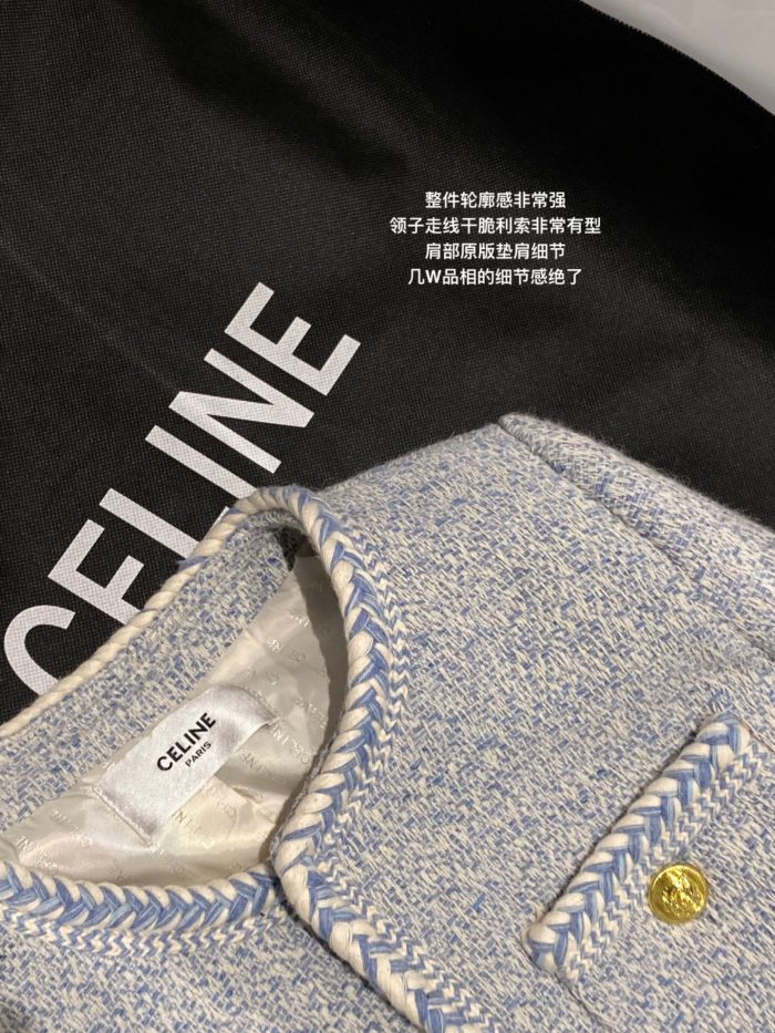 Celine 女式花呢纽扣口袋 O 领梭织夹克 蓝色