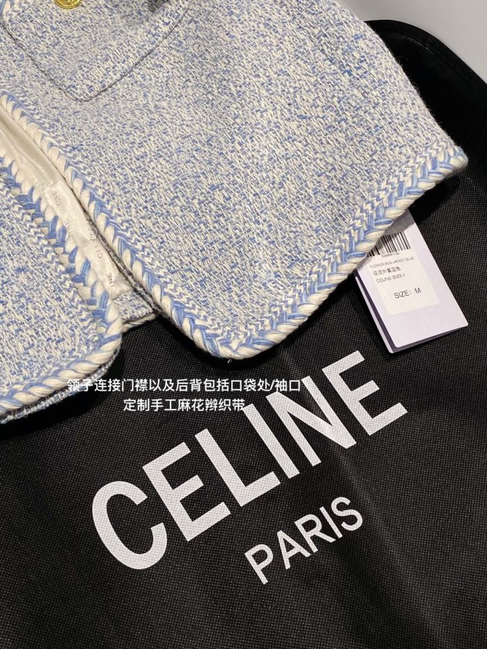 Celine 女式花呢纽扣口袋 O 领梭织夹克 蓝色