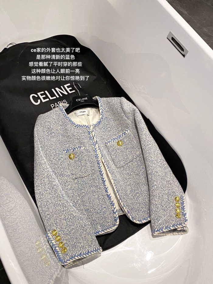 Celine 女式花呢纽扣口袋 O 领梭织夹克 蓝色