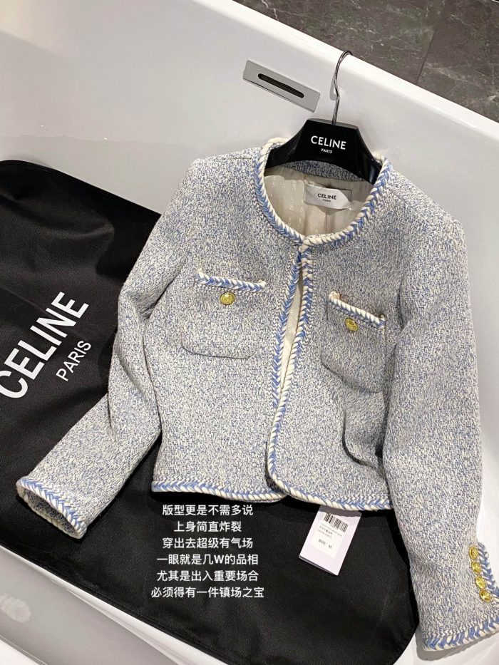 Celine 女式花呢纽扣口袋 O 领梭织夹克 蓝色