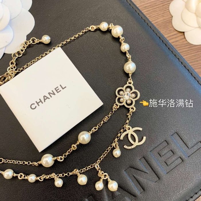 Chanel 女士山茶花珍珠项链 金色