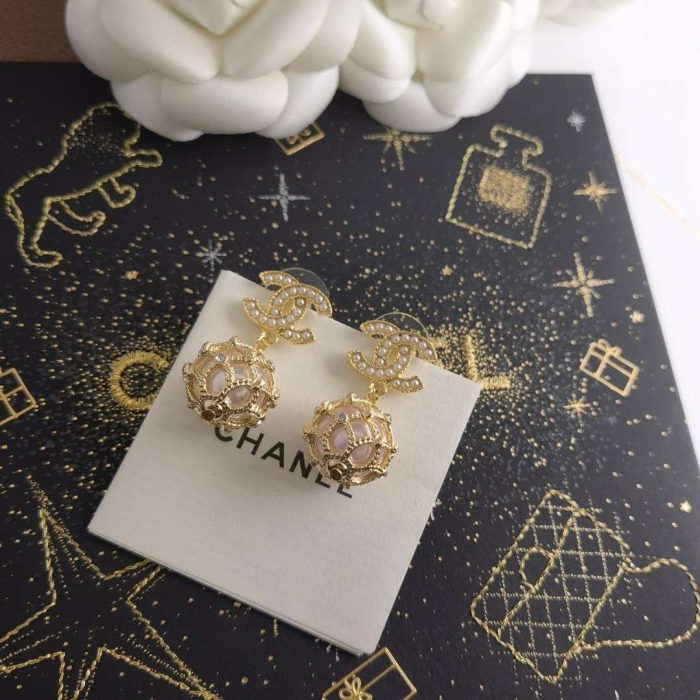 Chanel 女士珍珠编织网眼耳环金色