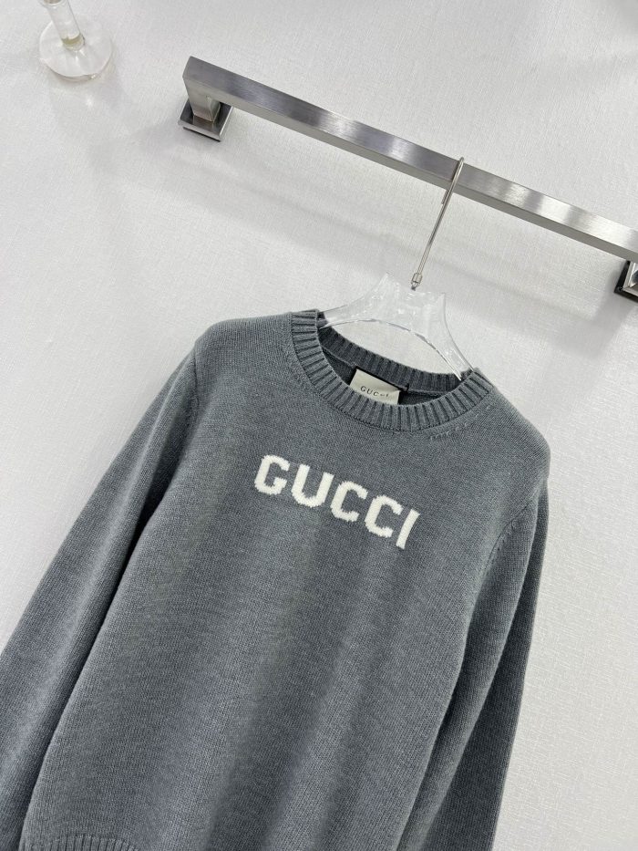 Gucci 女式拉绒羊毛圆领毛衣 灰色