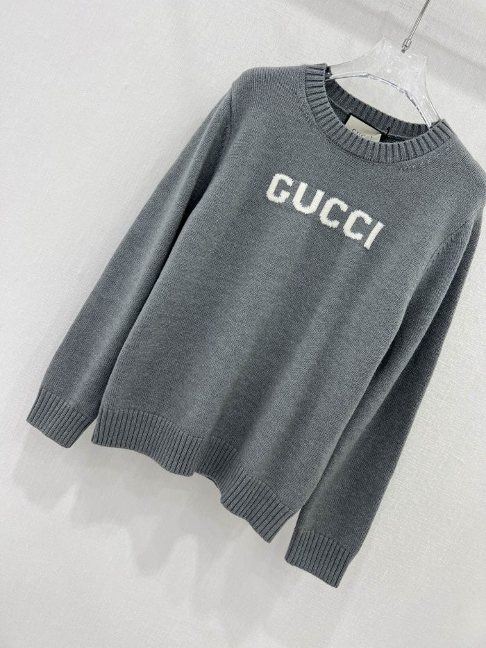 Gucci 女式拉绒羊毛圆领毛衣 灰色