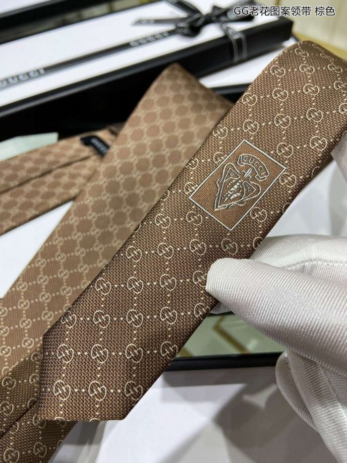 Gucci 男士棕色图案真丝领带