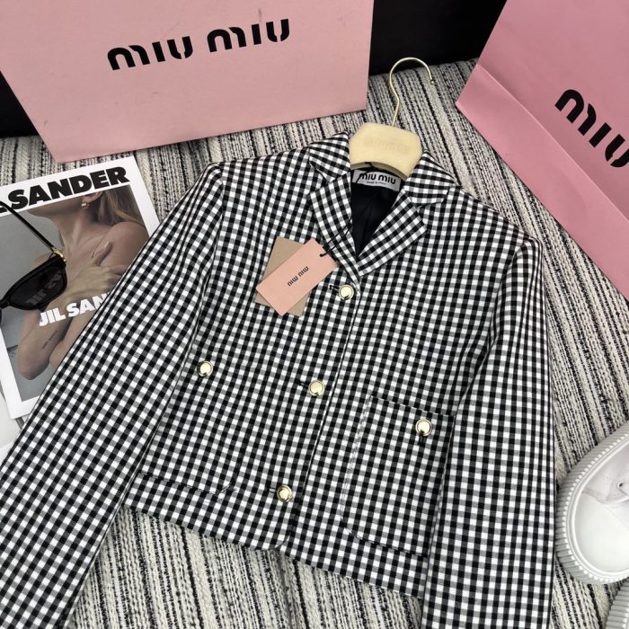 Miu Miu 女式短款条纹夹克 黑色