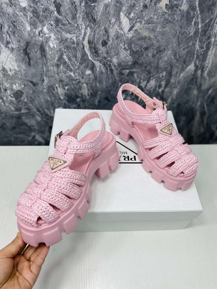 Prada Monolith 女式钩编笼式凉鞋粉色