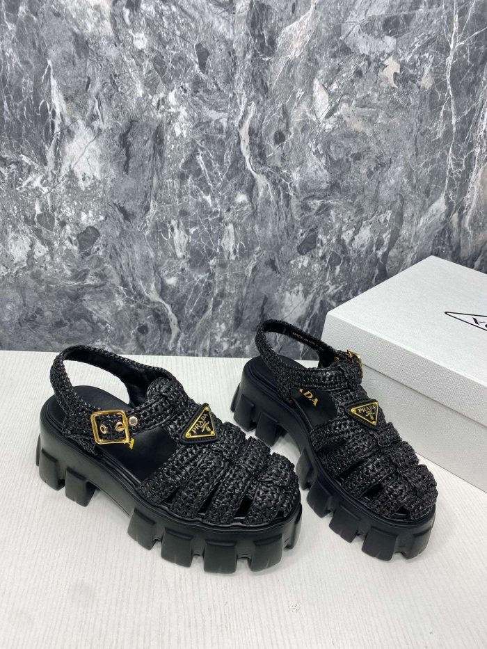 Prada Monolith 女式钩编笼式凉鞋黑色