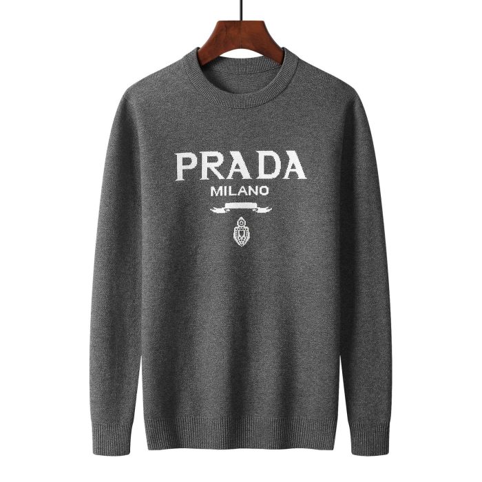 复刻普拉达（Prada） 男士灰色羊绒圆领毛衣