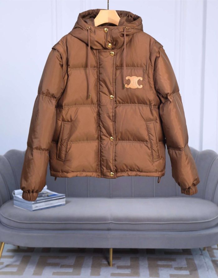 CELINE 女式冬季两穿连帽羽绒服 棕色