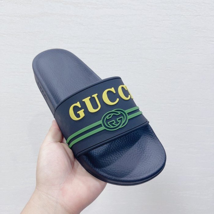 Gucci 女式徽标橡胶拖鞋黑绿色和黄色 女式 522887