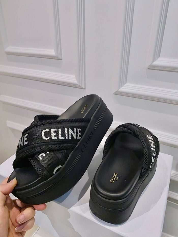 Celine Block 女式黑色黑色提花网眼织物拖鞋 354412276C.38AB