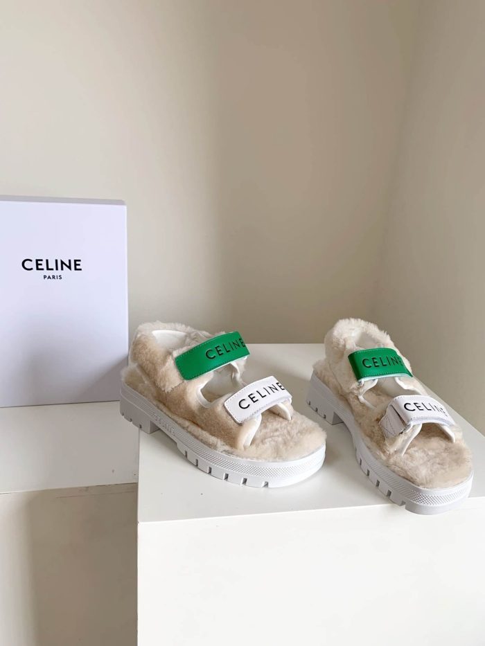 Celine Leo 女式毛皮白绿划痕凉鞋