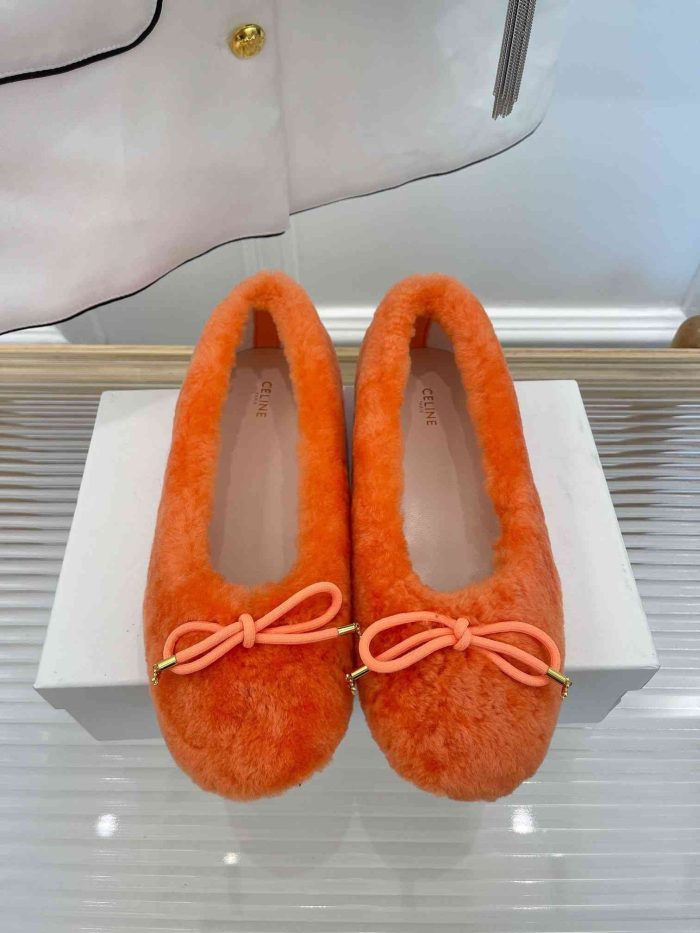 Celine Les Ballerines Celine 女士凯旋蕾丝和毛皮橙色芭蕾舞鞋