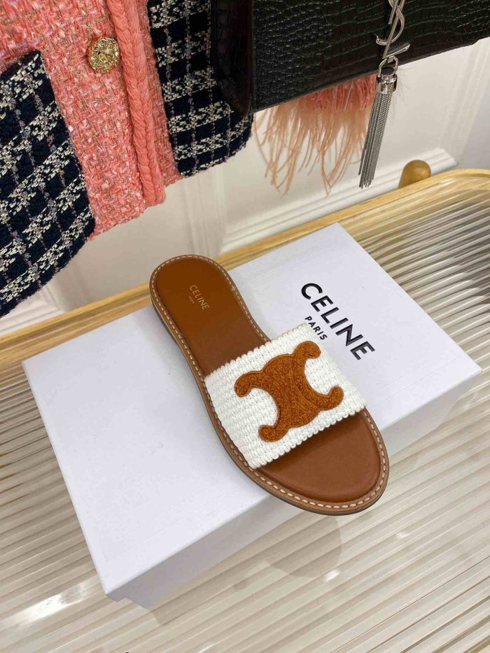Celine Lympia 女式拉菲草白色平底鞋