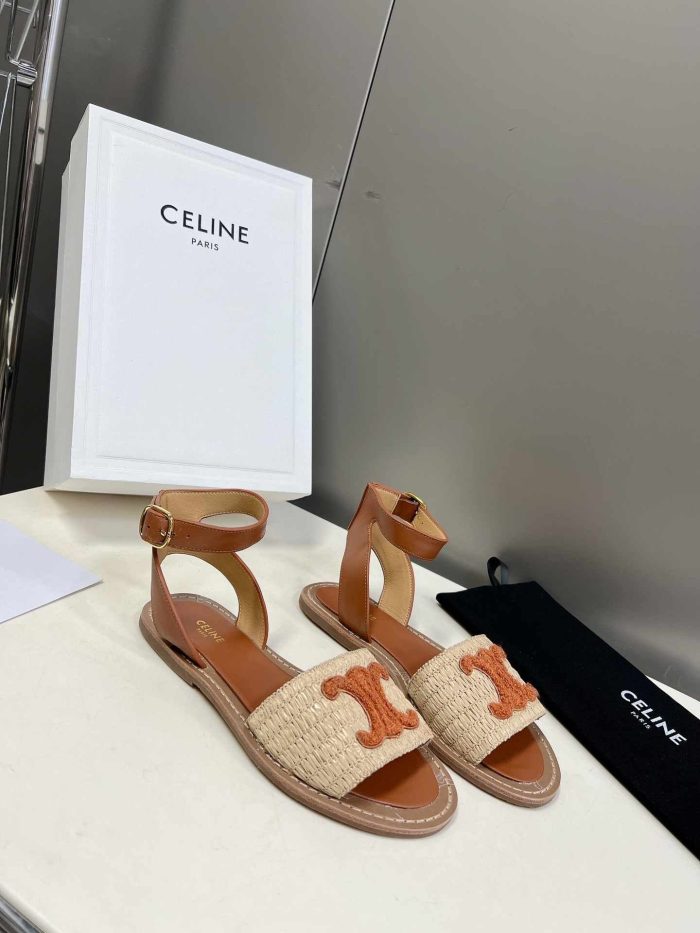 CELINE Lympia 女式拉菲草棕色平带凉鞋