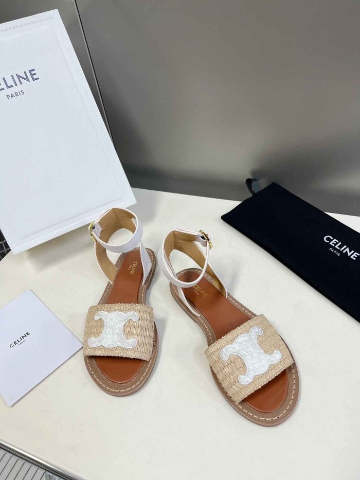 Celine Lympia 女式拉菲草白色平带凉鞋 352402248C.02GH