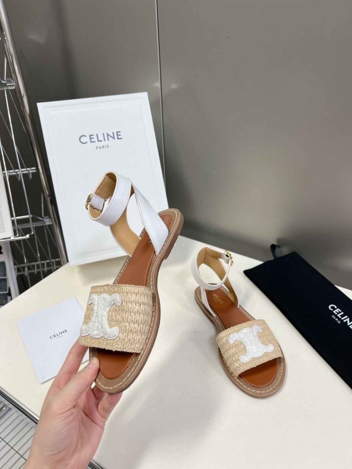 Celine Lympia 女式拉菲草白色平带凉鞋 352402248C.02GH