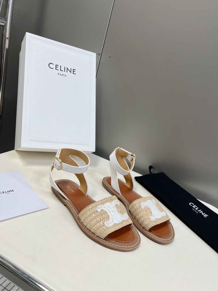 Celine Lympia 女式拉菲草白色平带凉鞋 352402248C.02GH