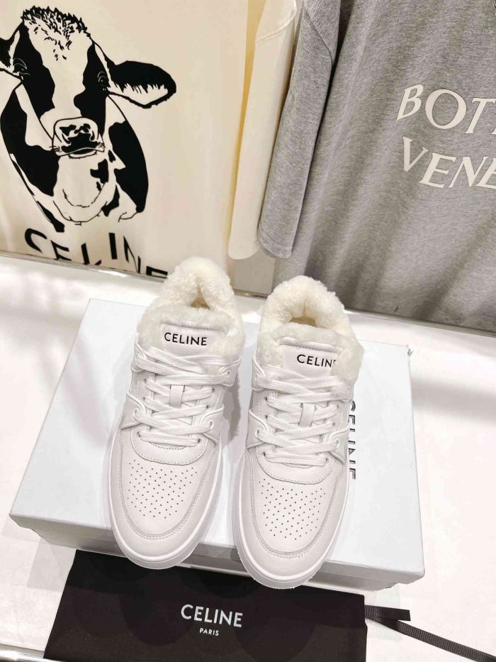 Celine Trainer 女式毛白色低系带运动鞋